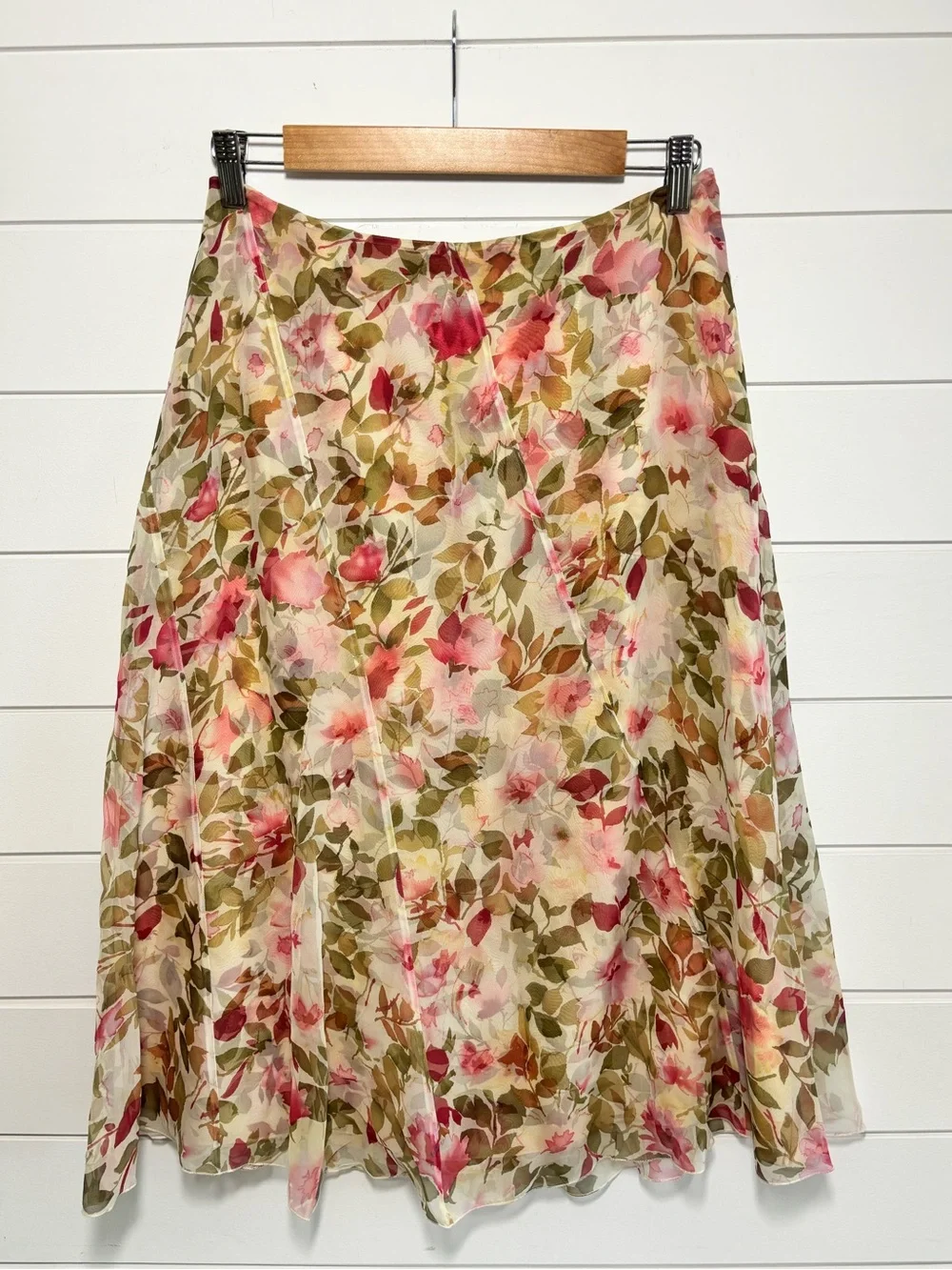 Talbots Floral A-Line Silk Midi Skirt in Pink and Green Size 10